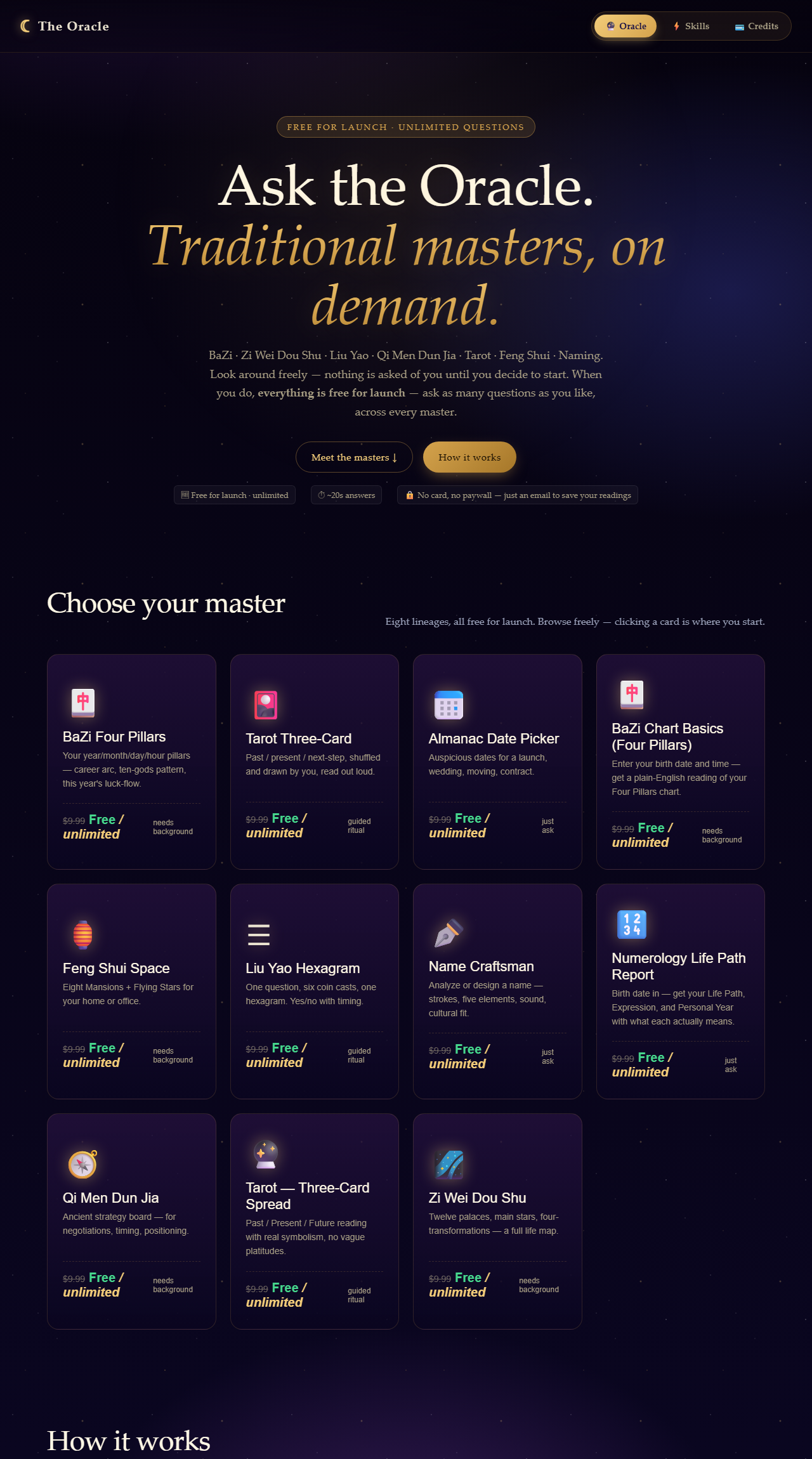 The Oracle landing — eight masters, all free for launch