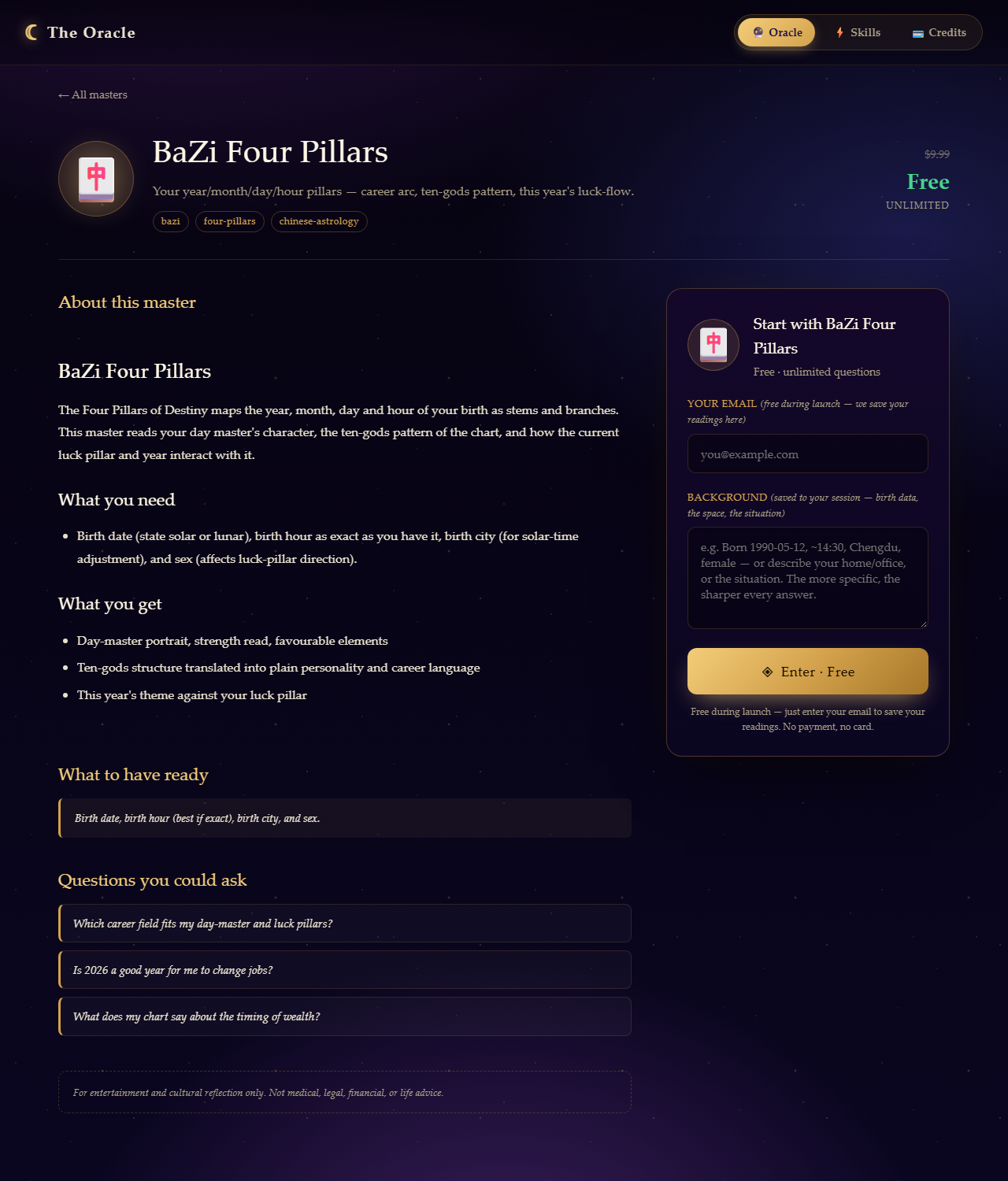 BaZi Four Pillars master detail — $9.99 crossed out, Free unlimited